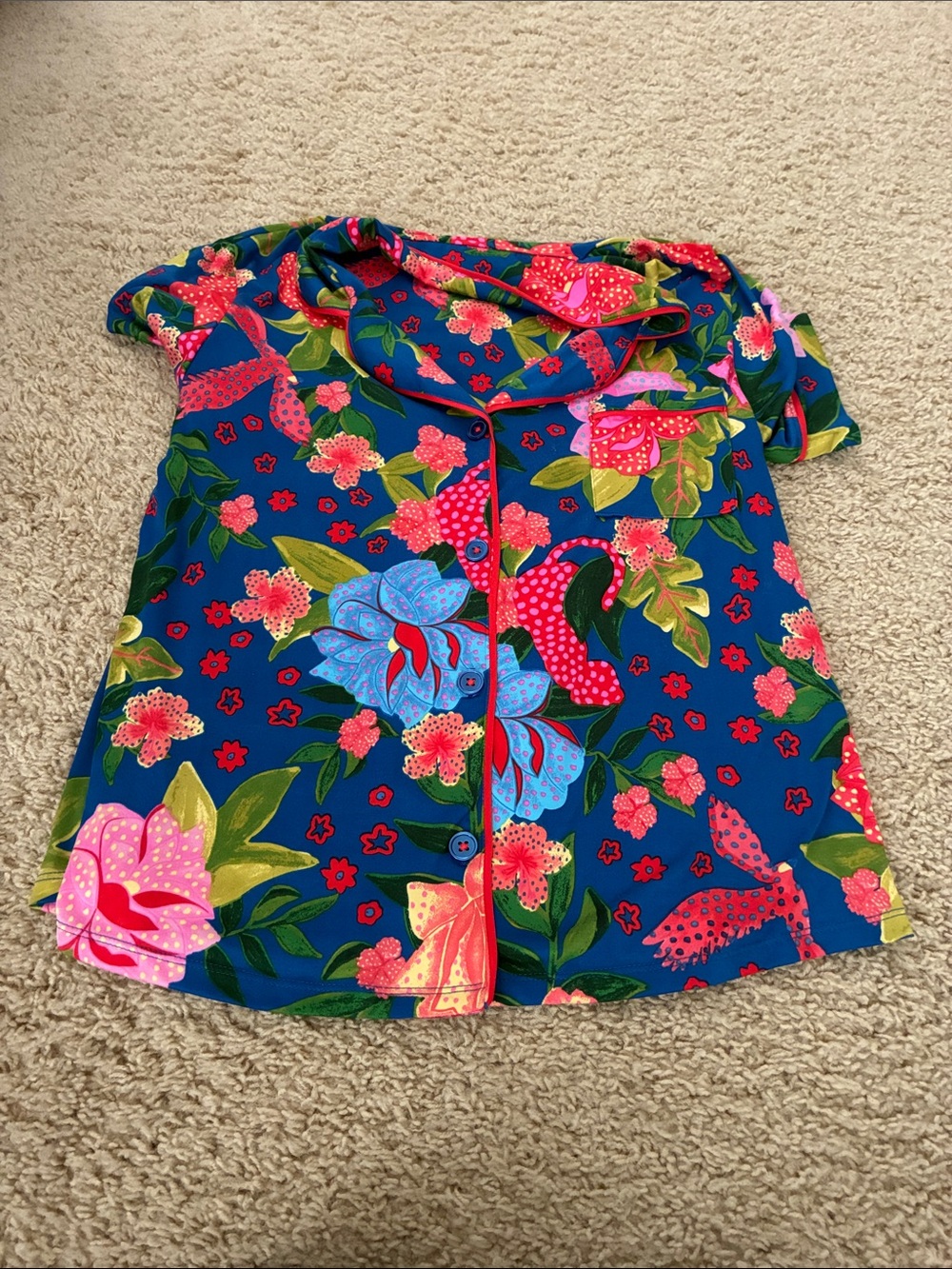 Room Service Vibrant Floral Blue Button-Up Pajama Top and Pants (size small) - Picture 3 of 7